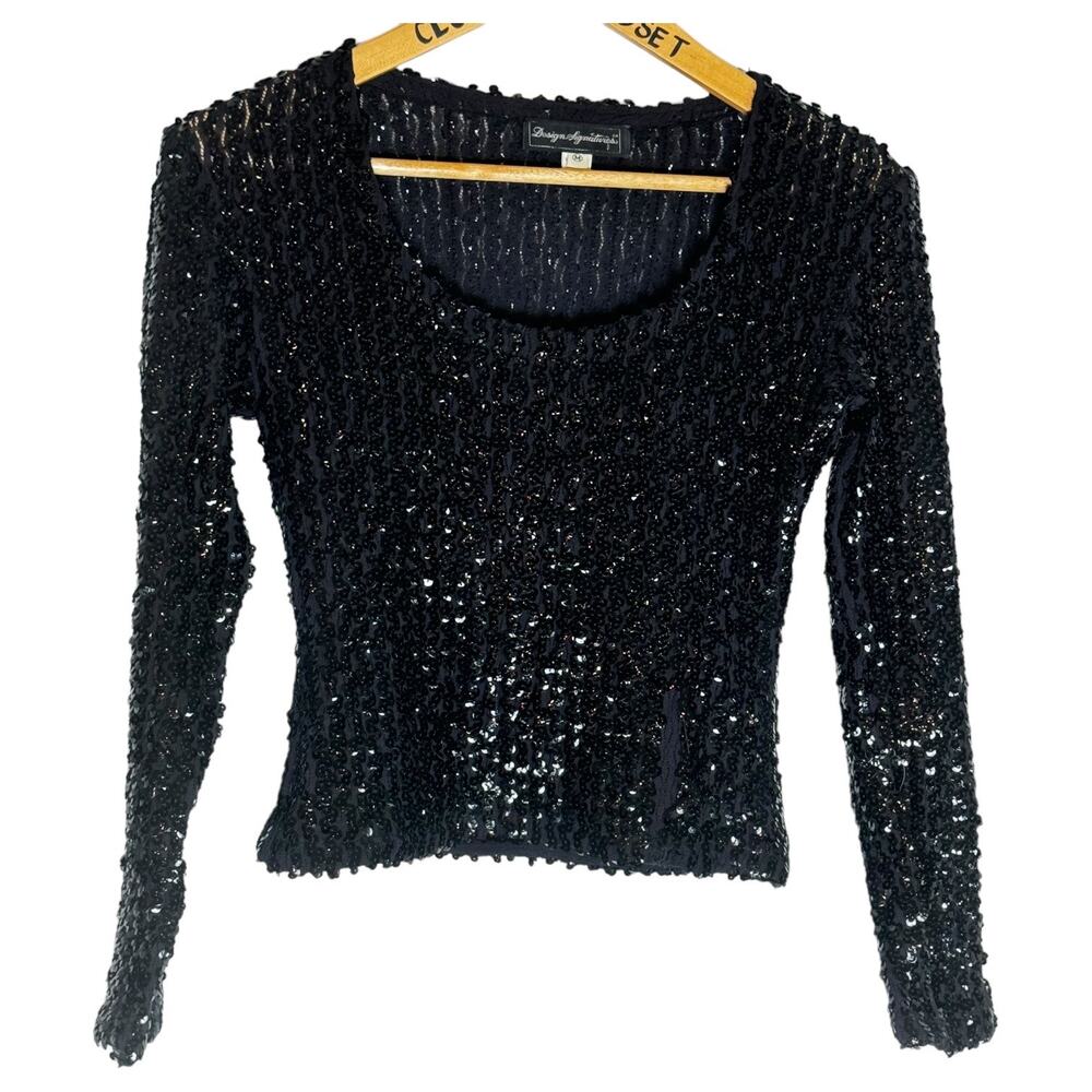 Womens 1990 Vintage Design Signatures Long Sleeve Black Sequin Tank Top M